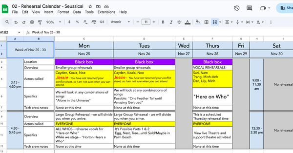 Digital rehearsal calendar for 'Seussical' from Nov 25-30. It details actors, locations, and schedules, with sessions marked in colors. Highlights include small group rehearsals and vocal practices.